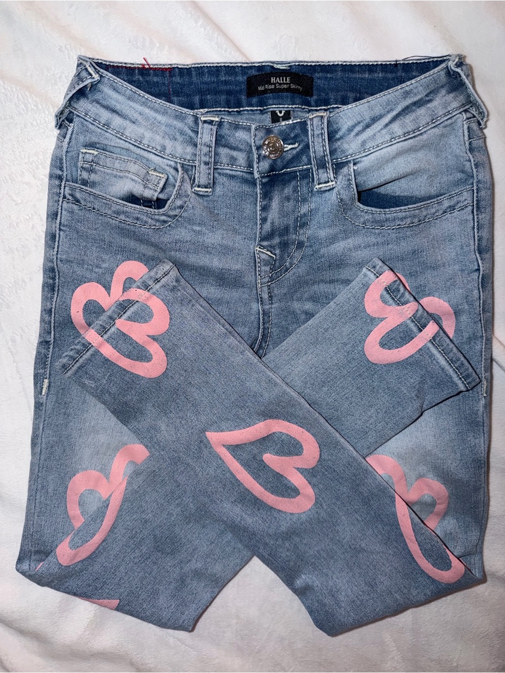 True Religion Girls Pink Heart Print Light Wash Halle mid-rise Skinny Jeans
